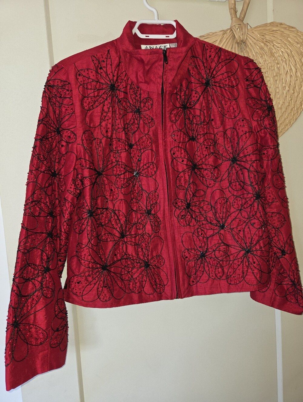 Anage Red Floral Silk Beaded Zip-Up Blazer Jacket